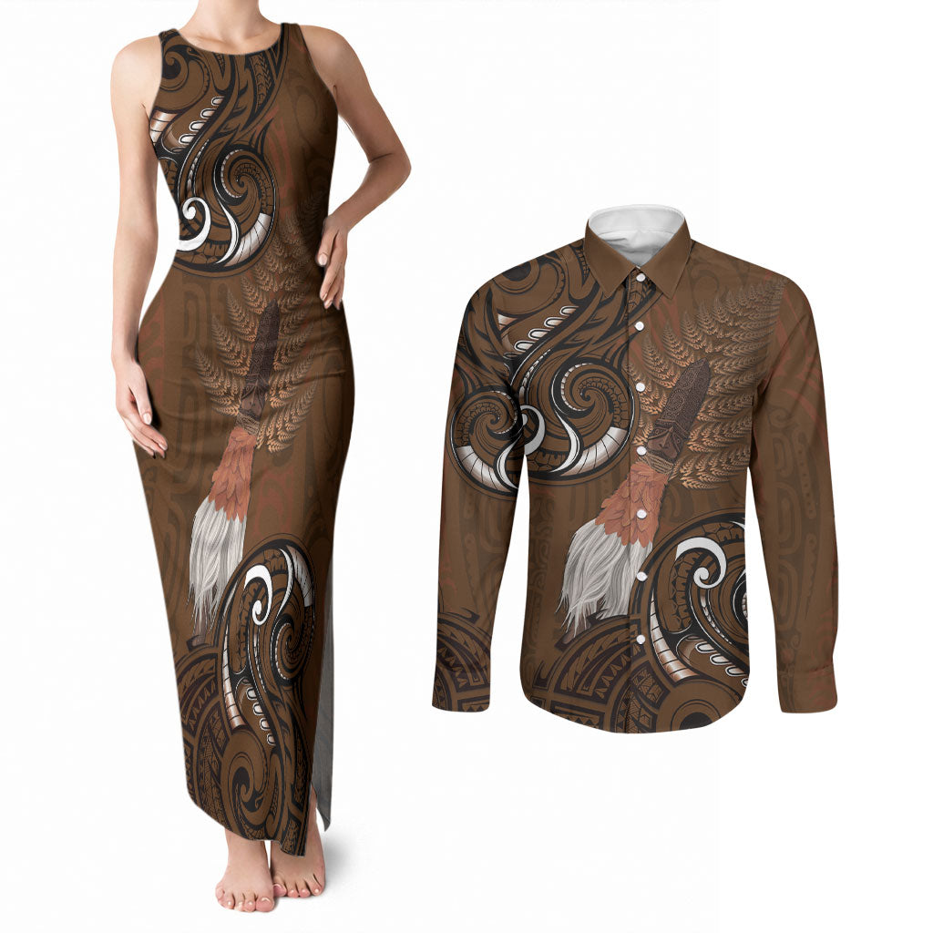 New Zealand Taiaha Couples Matching Tank Maxi Dress and Long Sleeve Button Shirt Maori Weapon Silver Fern Maori Pattern LT22 Brown - Polynesian Pride