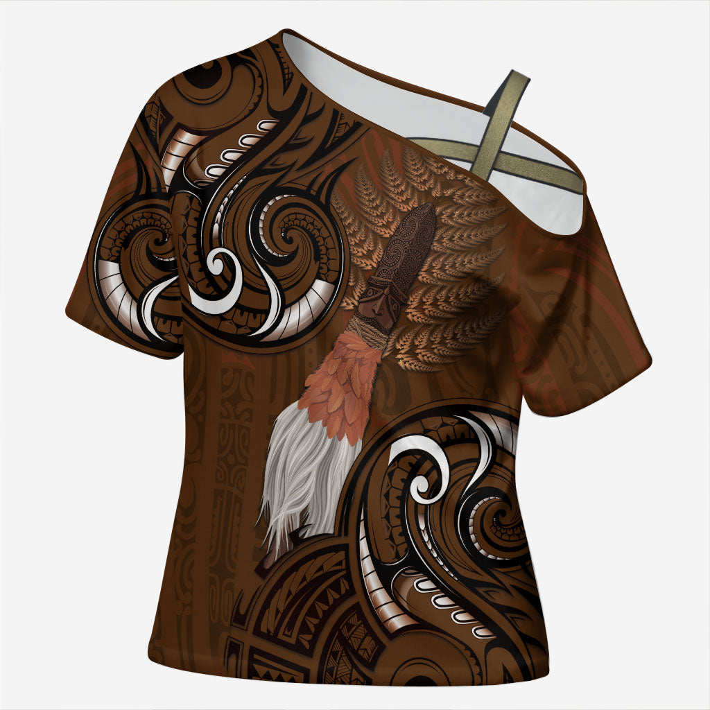New Zealand Taiaha Cross Shoulder Shirt Maori Weapon Silver Fern Maori Pattern LT22 Female Brown - Polynesian Pride