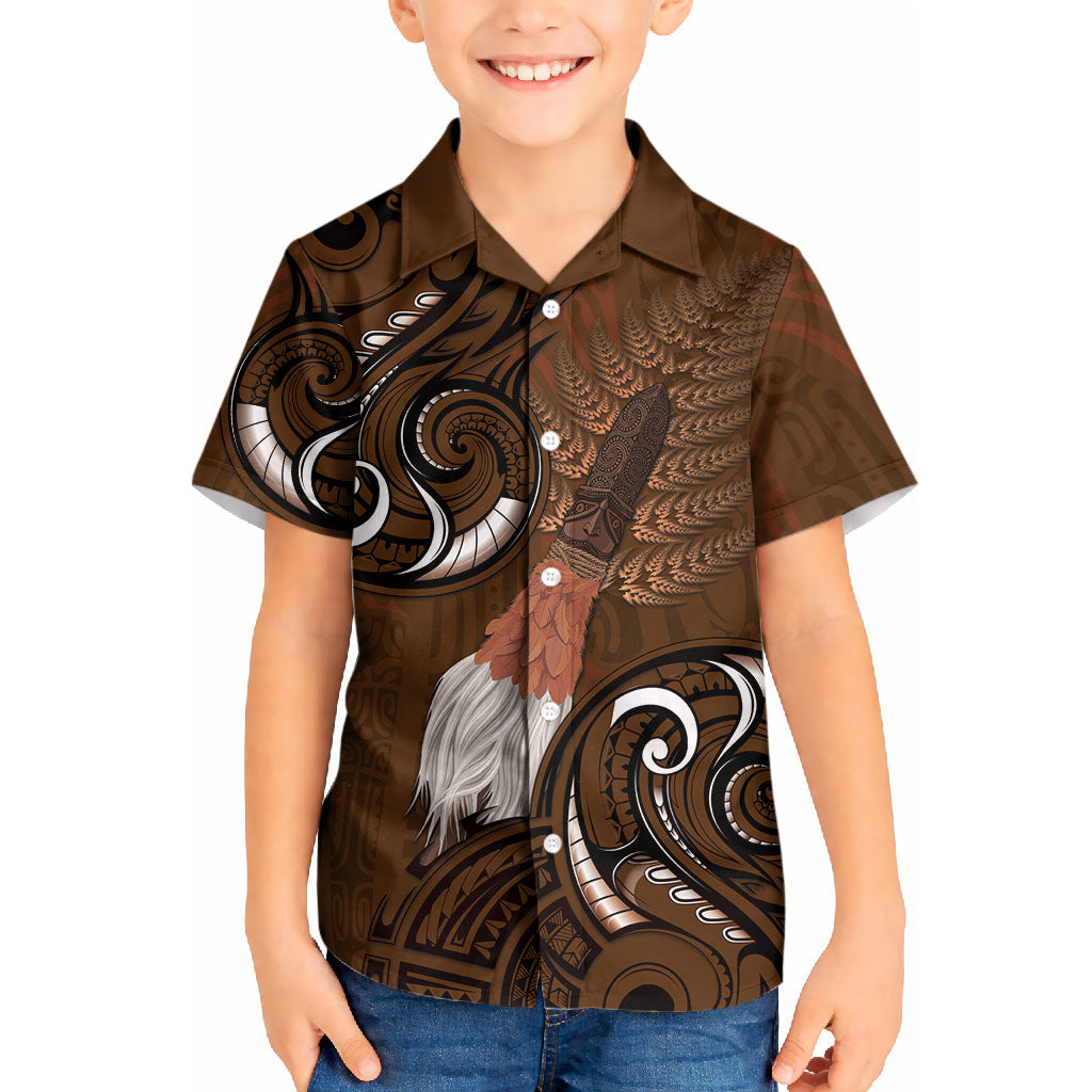 New Zealand Taiaha Kid Hawaiian Shirt Maori Weapon Silver Fern Maori Pattern LT22 Kid Brown - Polynesian Pride