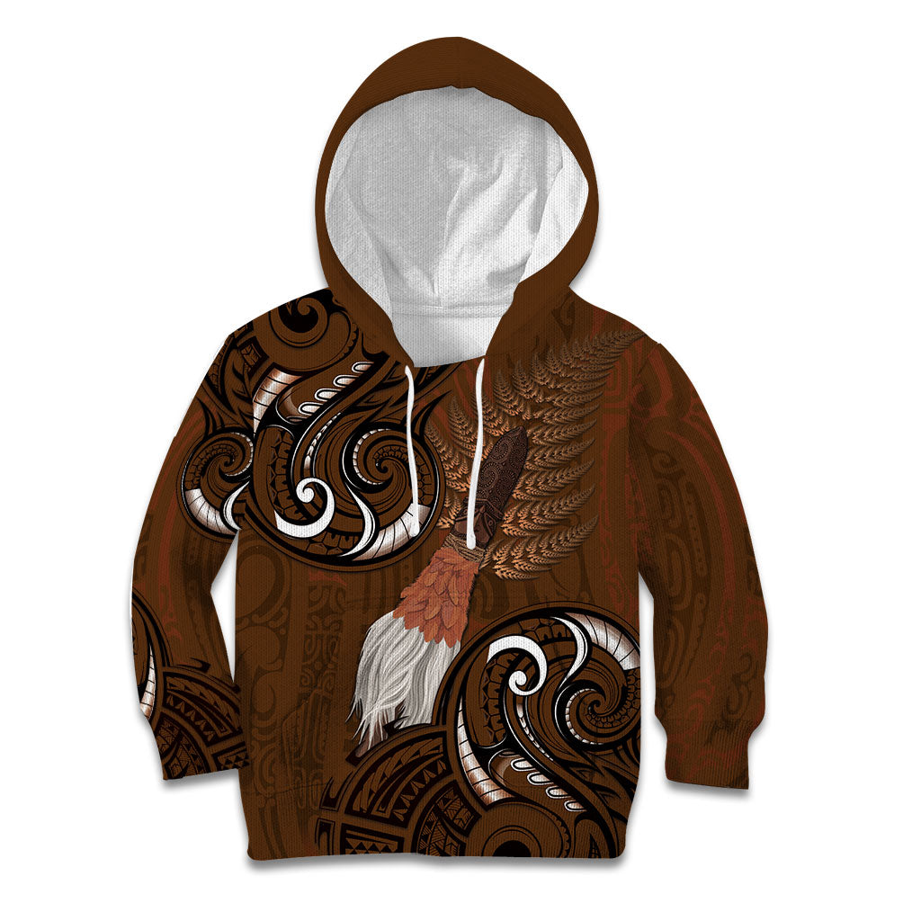New Zealand Taiaha Kid Hoodie Maori Weapon Silver Fern Maori Pattern LT22 Hoodie Brown - Polynesian Pride