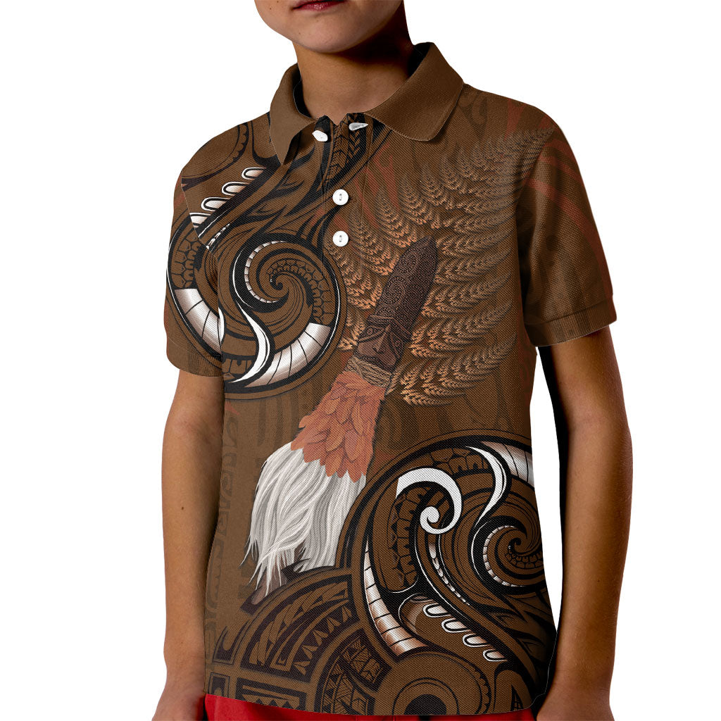 New Zealand Taiaha Kid Polo Shirt Maori Weapon Silver Fern Maori Pattern LT22 Kid Brown - Polynesian Pride