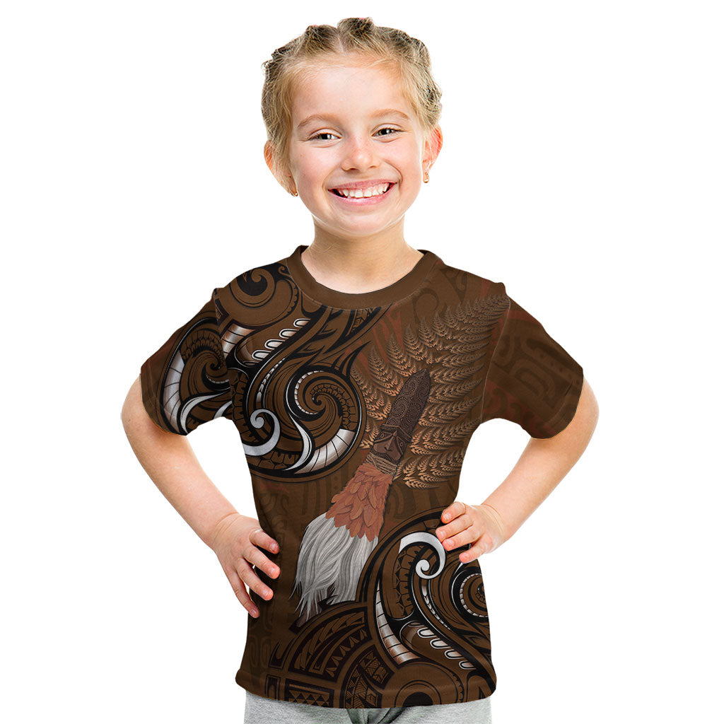 New Zealand Taiaha Kid T Shirt Maori Weapon Silver Fern Maori Pattern LT22 Brown - Polynesian Pride