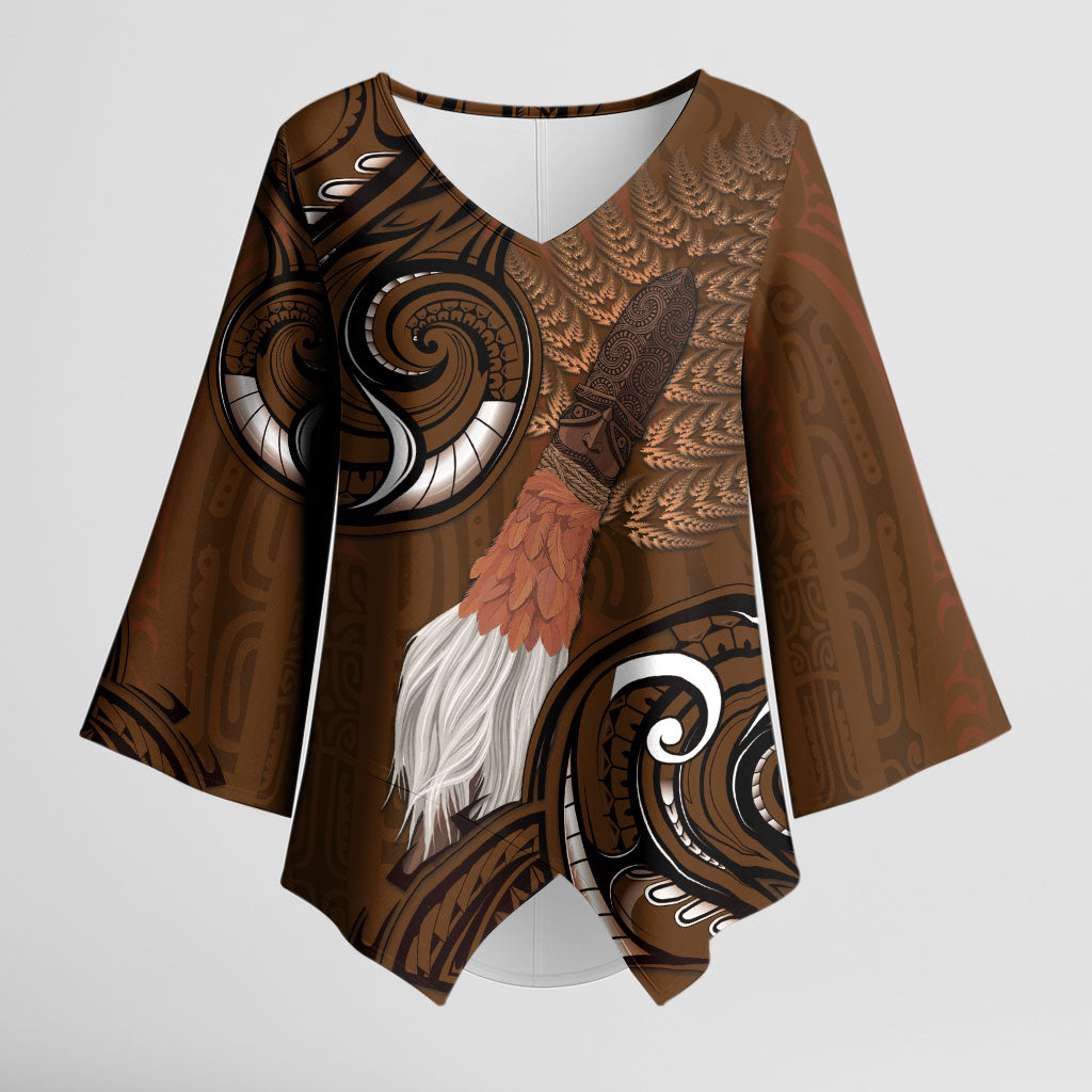 New Zealand Taiaha Kimono Sleeve Blouse Maori Weapon Silver Fern Maori Pattern LT22 Female Brown - Polynesian Pride