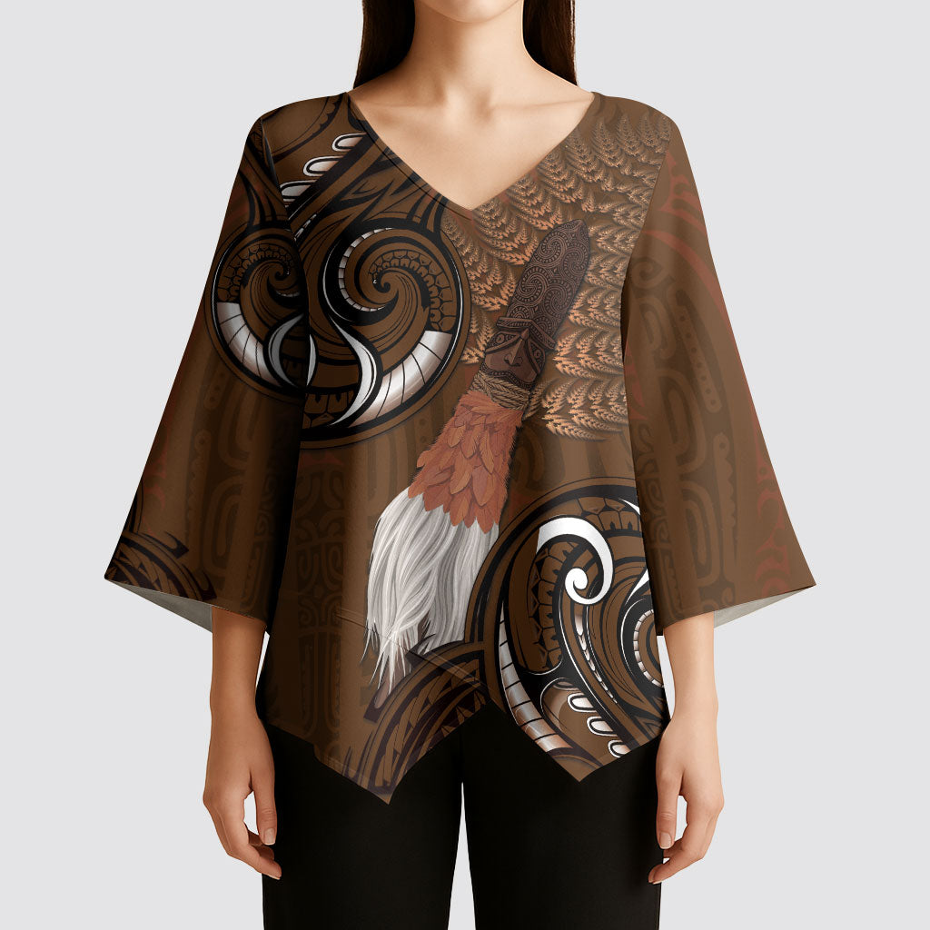 New Zealand Taiaha Kimono Sleeve Blouse Maori Weapon Silver Fern Maori Pattern