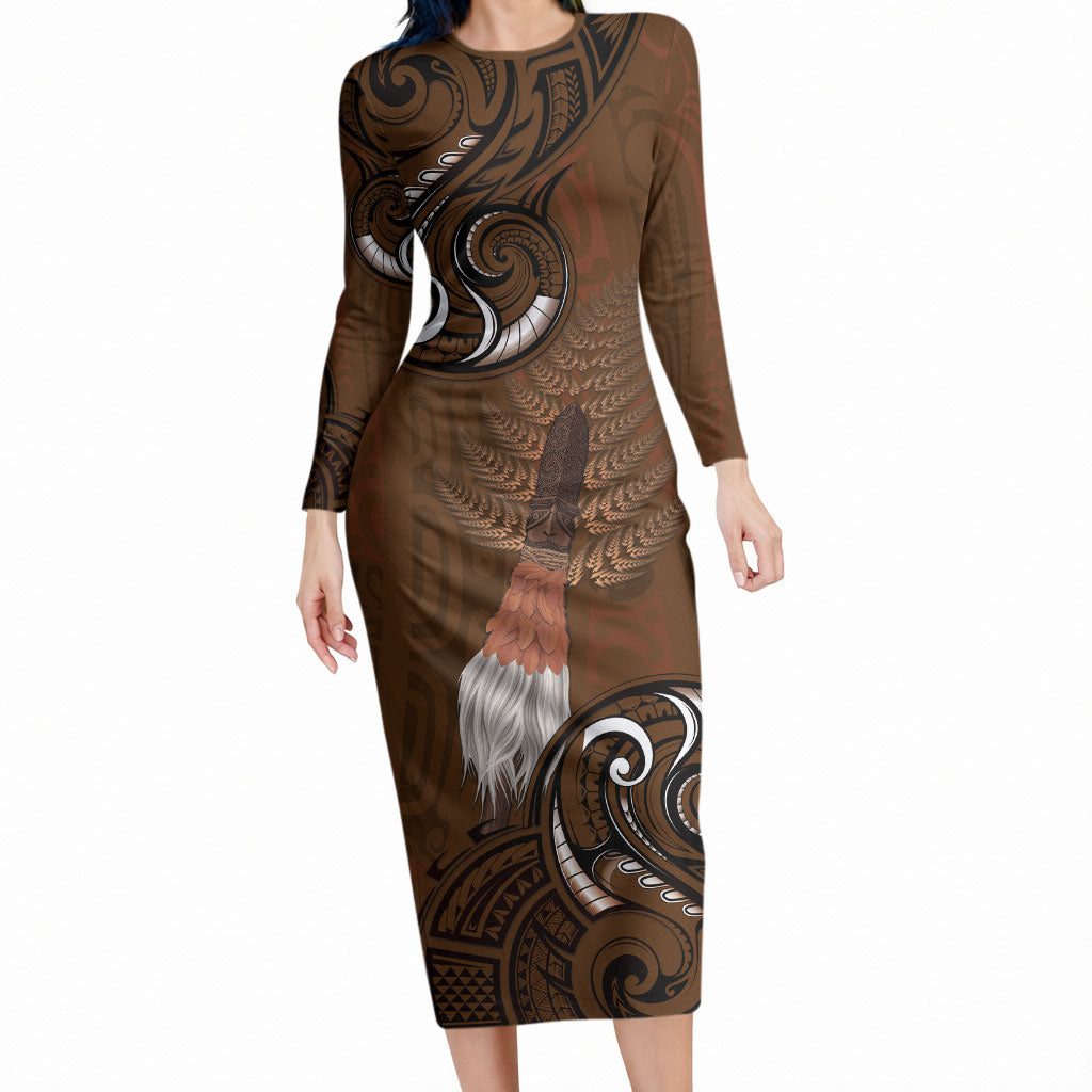 New Zealand Taiaha Long Sleeve Bodycon Dress Maori Weapon Silver Fern Maori Pattern LT22 Long Dress Brown - Polynesian Pride