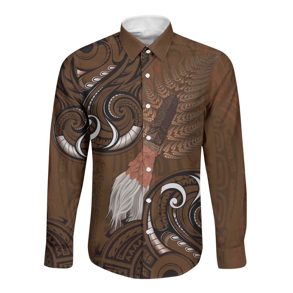 New Zealand Taiaha Long Sleeve Button Shirt Maori Weapon Silver Fern Maori Pattern LT22 Unisex Brown - Polynesian Pride