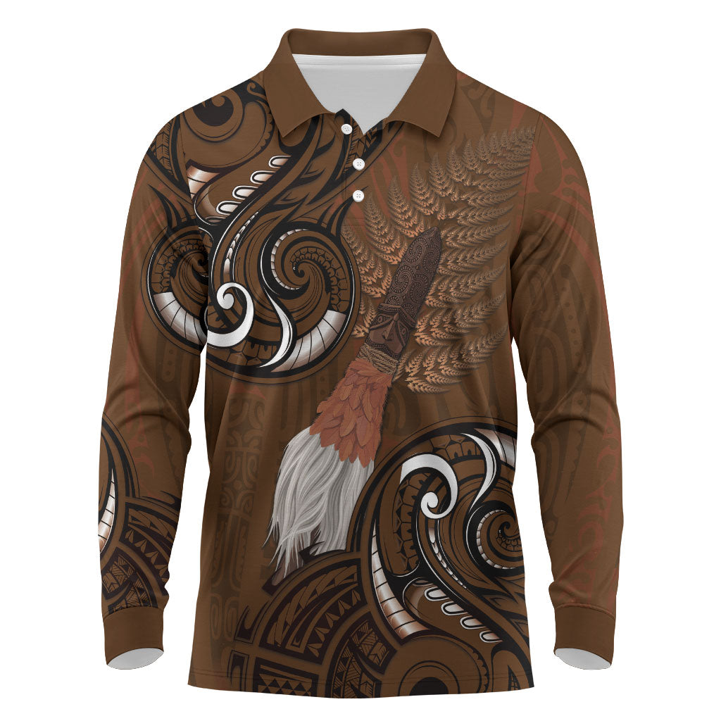 New Zealand Taiaha Long Sleeve Polo Shirt Maori Weapon Silver Fern Maori Pattern LT22 Brown - Polynesian Pride