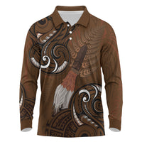 New Zealand Taiaha Long Sleeve Polo Shirt Maori Weapon Silver Fern Maori Pattern