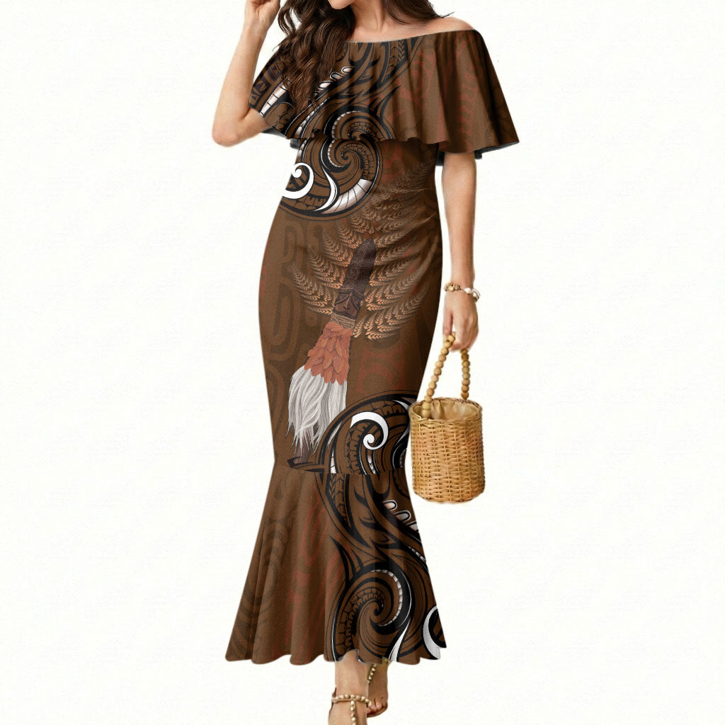 New Zealand Taiaha Mermaid Dress Maori Weapon Silver Fern Maori Pattern LT22 Women Brown - Polynesian Pride