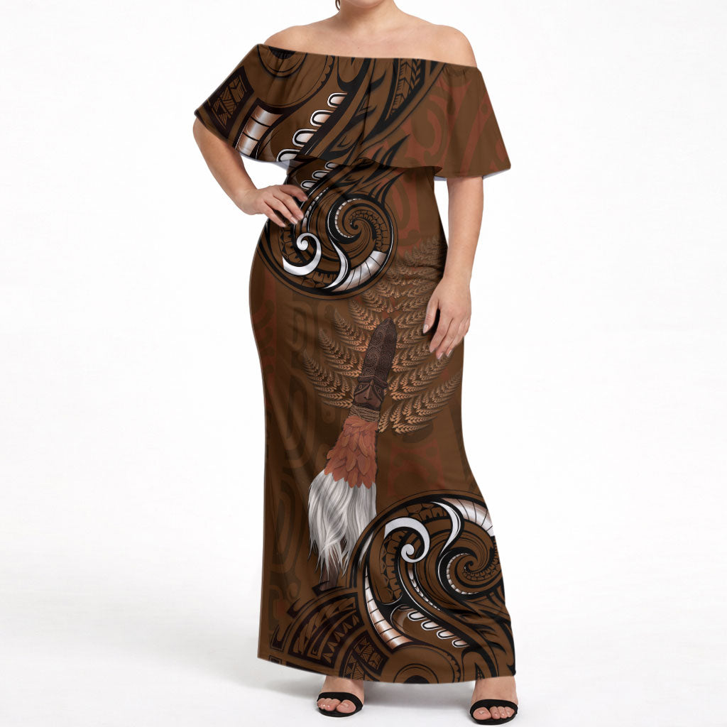 New Zealand Taiaha Off Shoulder Maxi Dress Maori Weapon Silver Fern Maori Pattern LT22 Women Brown - Polynesian Pride