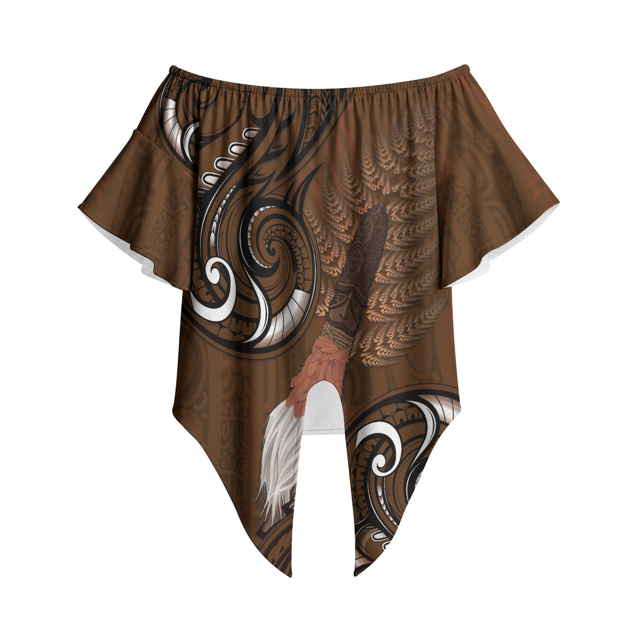New Zealand Taiaha Off Shoulder Wrap Waist Top Maori Weapon Silver Fern Maori Pattern LT22 Brown - Polynesian Pride