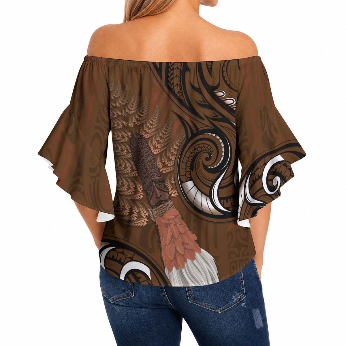 New Zealand Taiaha Off Shoulder Wrap Waist Top Maori Weapon Silver Fern Maori Pattern LT22 - Polynesian Pride