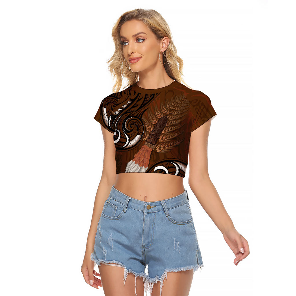 New Zealand Taiaha Raglan Cropped T Shirt Maori Weapon Silver Fern Maori Pattern LT22 Female Brown - Polynesian Pride