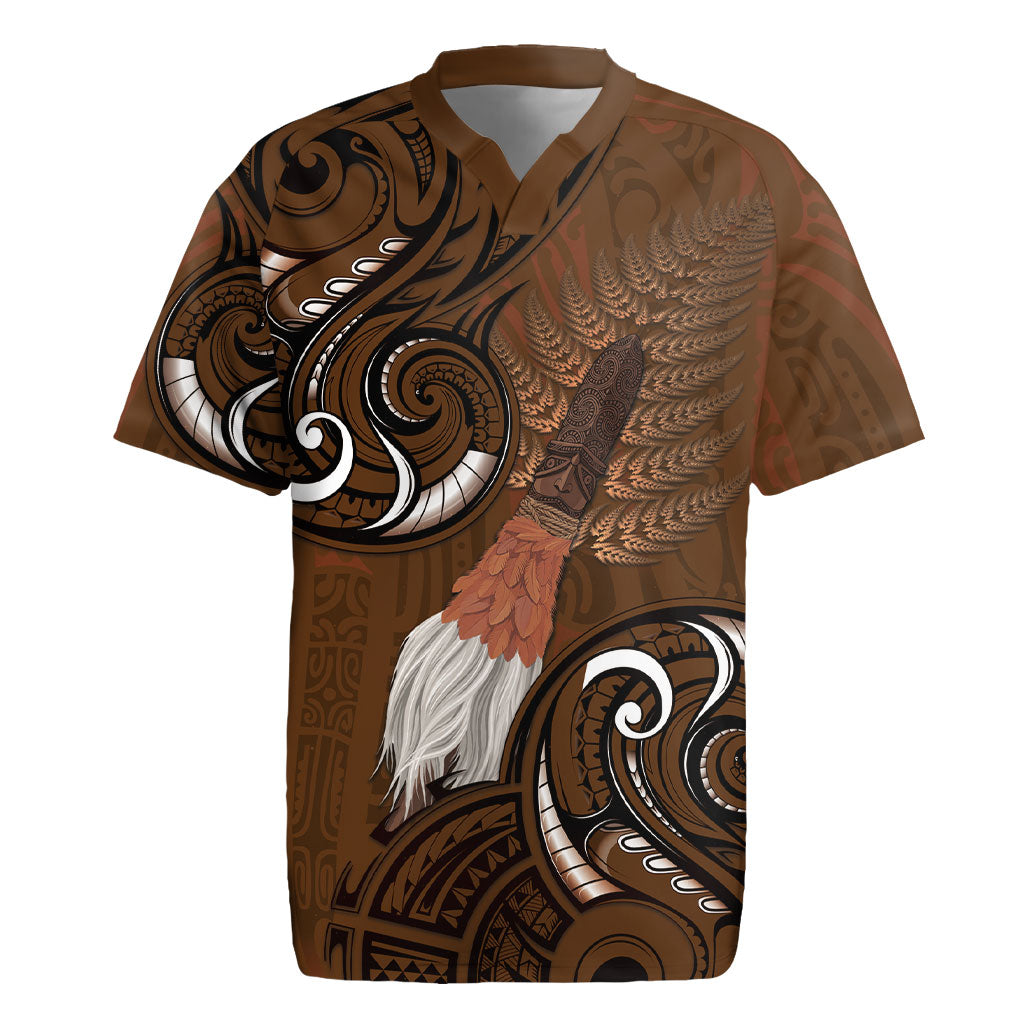 New Zealand Taiaha Rugby Jersey Maori Weapon Silver Fern Maori Pattern LT22 Brown - Polynesian Pride