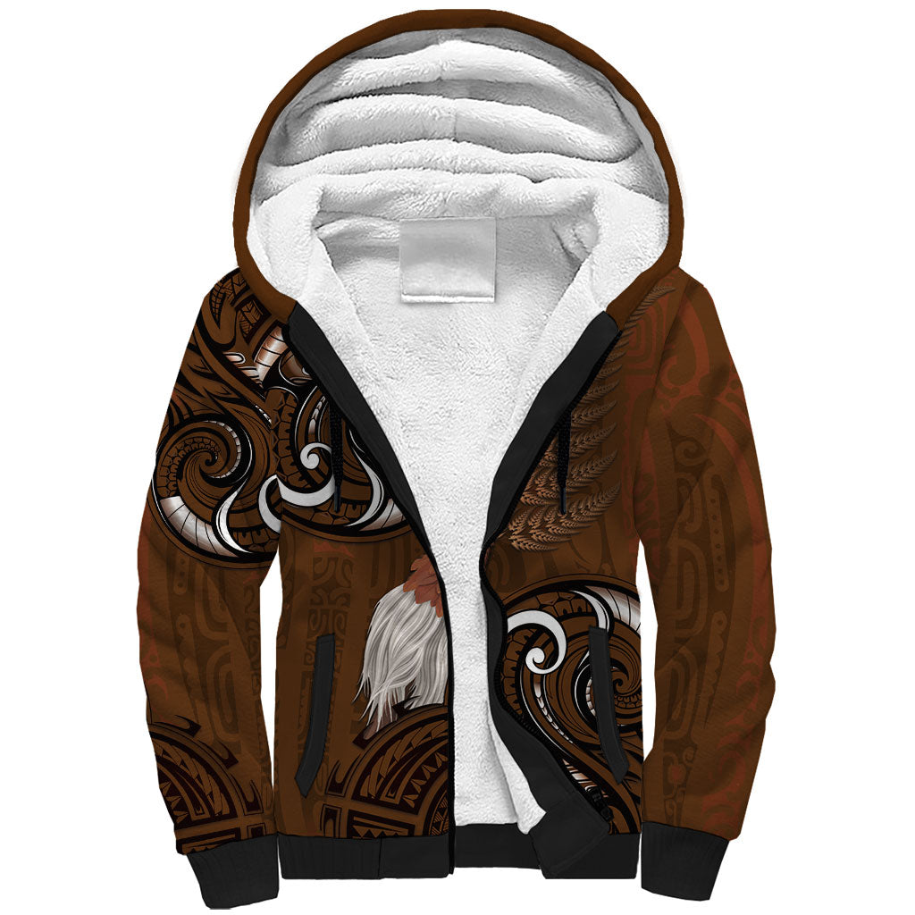 New Zealand Taiaha Sherpa Hoodie Maori Weapon Silver Fern Maori Pattern LT22 Unisex Brown - Polynesian Pride