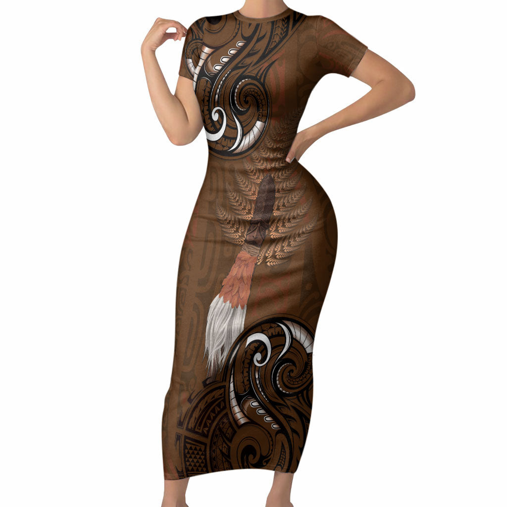 New Zealand Taiaha Short Sleeve Bodycon Dress Maori Weapon Silver Fern Maori Pattern LT22 Long Dress Brown - Polynesian Pride