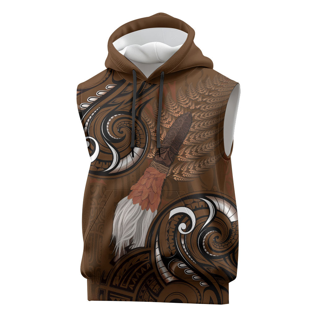 New Zealand Taiaha Sleeveless Hoodie Maori Weapon Silver Fern Maori Pattern LT22 Brown - Polynesian Pride