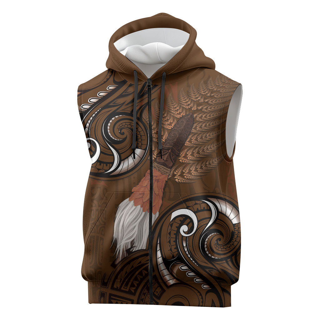 New Zealand Taiaha Sleeveless Zip Hoodie Maori Weapon Silver Fern Maori Pattern LT22 Brown - Polynesian Pride