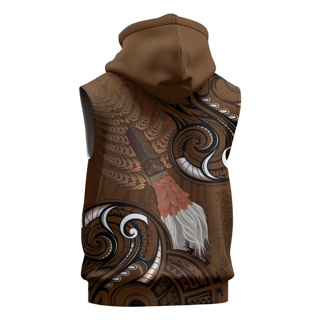 New Zealand Taiaha Sleeveless Zip Hoodie Maori Weapon Silver Fern Maori Pattern