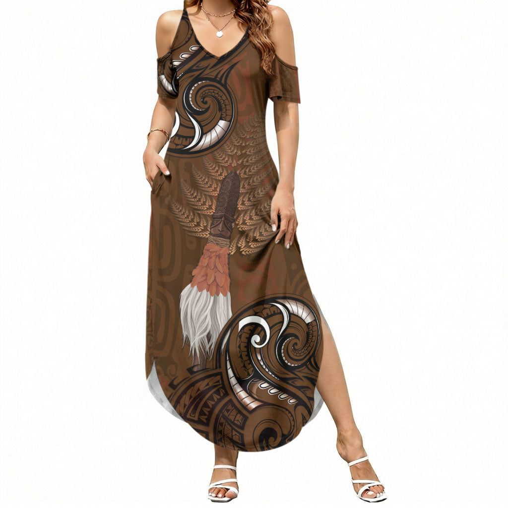 New Zealand Taiaha Summer Maxi Dress Maori Weapon Silver Fern Maori Pattern LT22 Women Brown - Polynesian Pride