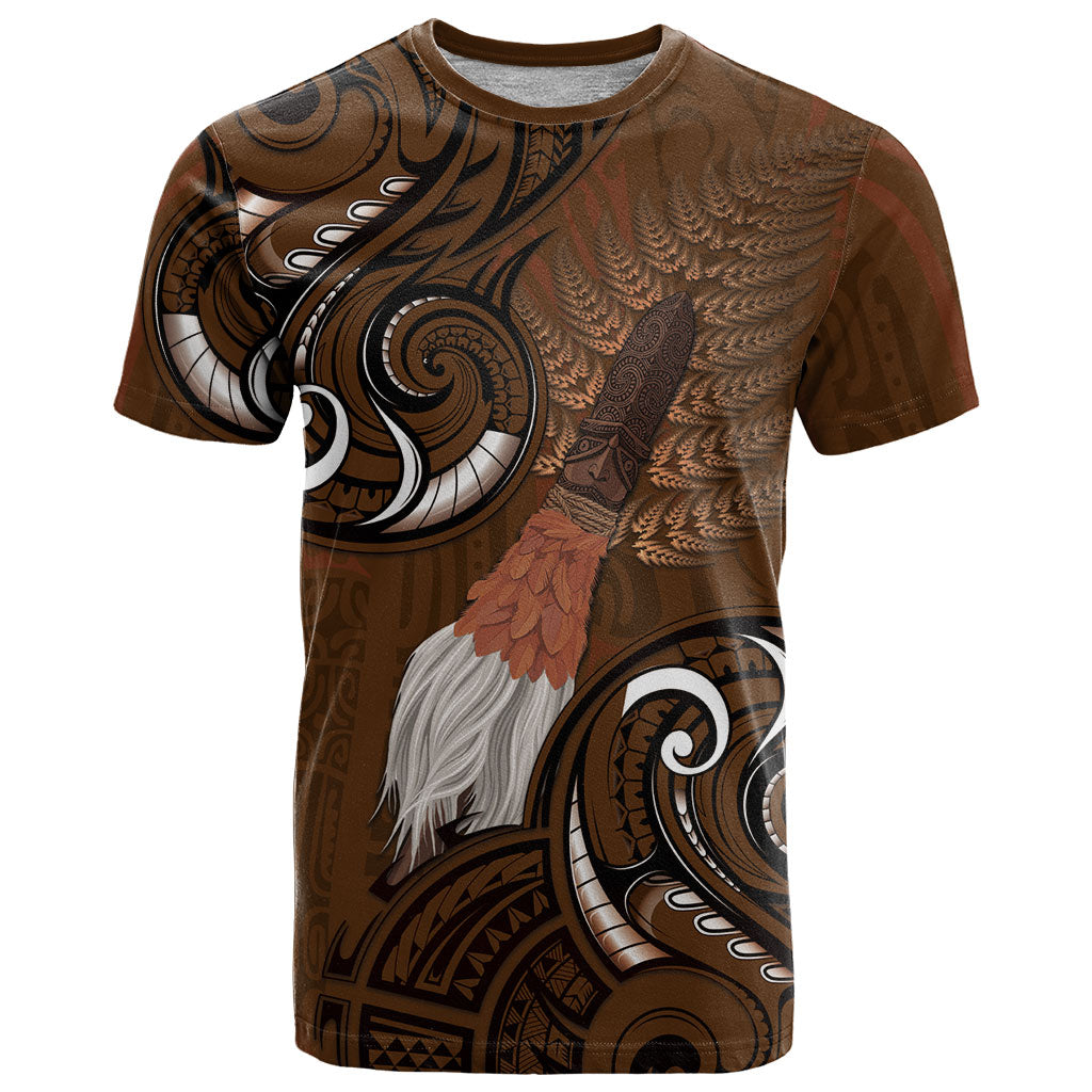 New Zealand Taiaha T Shirt Maori Weapon Silver Fern Maori Pattern LT22 Brown - Polynesian Pride
