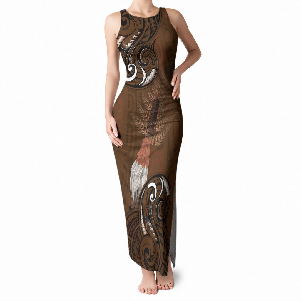 New Zealand Taiaha Tank Maxi Dress Maori Weapon Silver Fern Maori Pattern LT22 Women Brown - Polynesian Pride