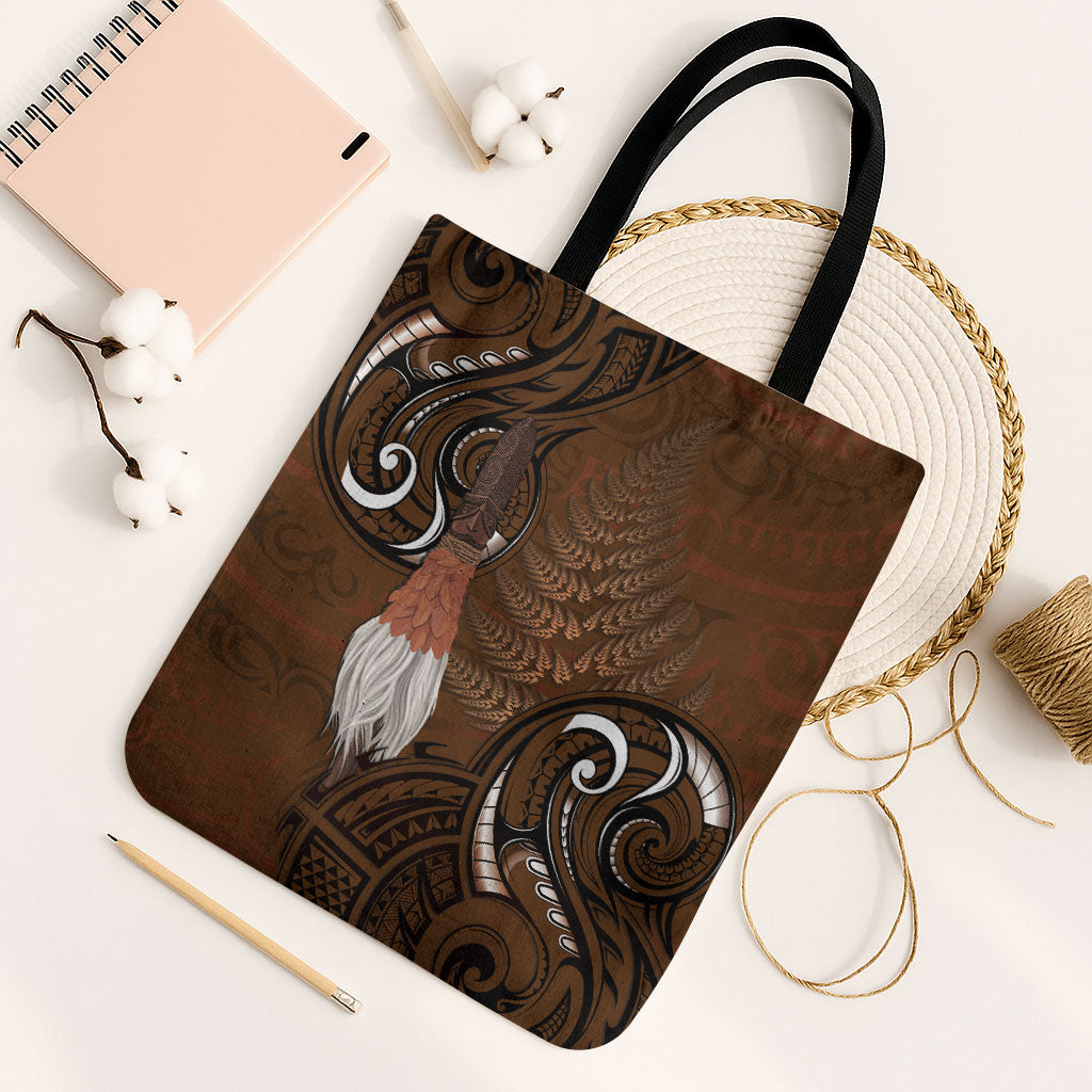 New Zealand Taiaha Tote Bag Maori Weapon Silver Fern Maori Pattern LT22 Black Strap One Size Brown - Polynesian Pride