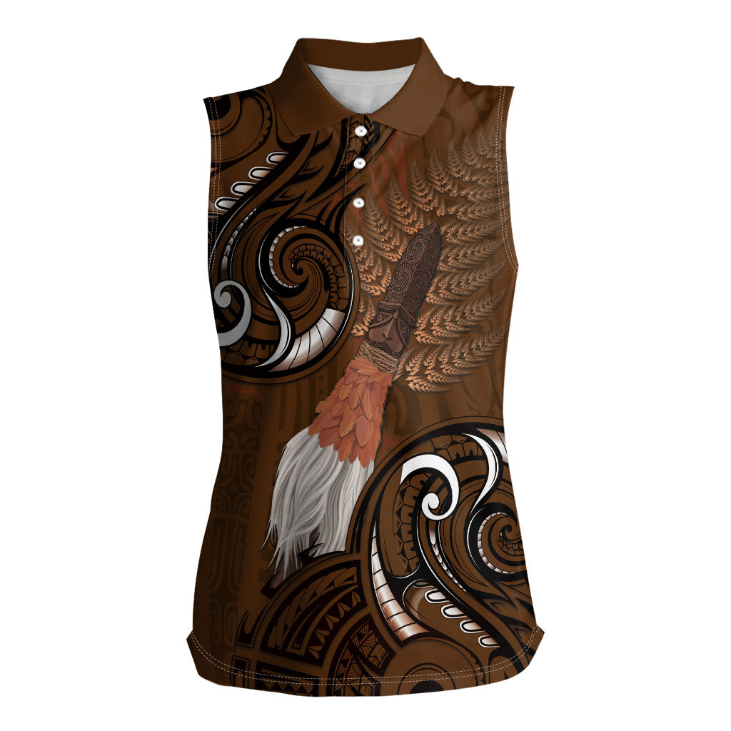 New Zealand Taiaha Women Sleeveless Polo Shirt Maori Weapon Silver Fern Maori Pattern LT22 Female Brown - Polynesian Pride