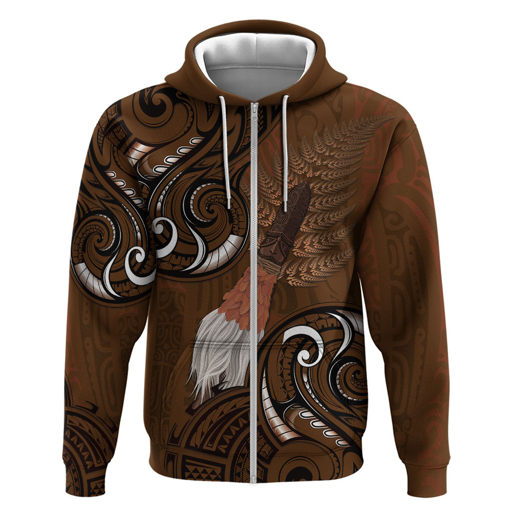 New Zealand Taiaha Zip Hoodie Maori Weapon Silver Fern Maori Pattern LT22 Zip Hoodie Brown - Polynesian Pride