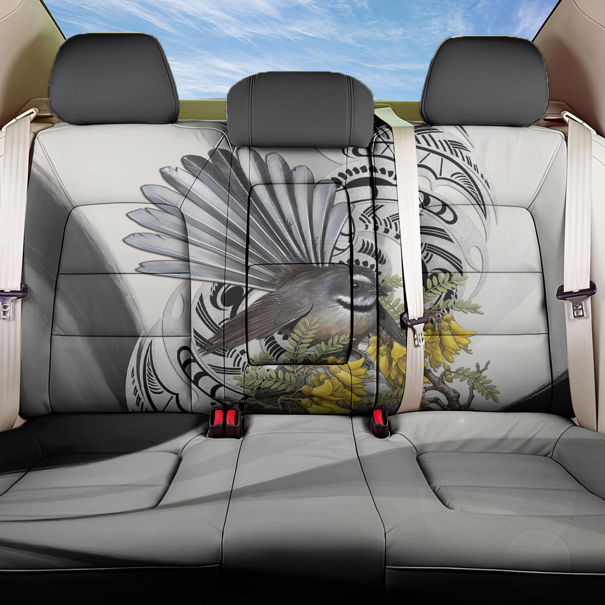 New Zealand Fantail Bird Back Car Seat Cover Maori Piwakawaka Kowhai Maori Pattern LT22 One Size Grey - Polynesian Pride