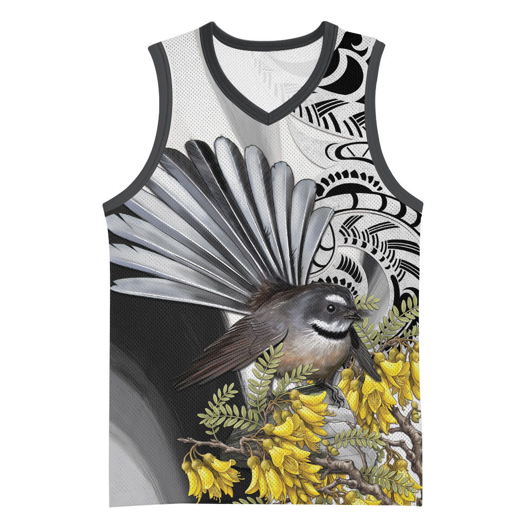 New Zealand Fantail Bird Basketball Jersey Maori Piwakawaka Kowhai Maori Pattern LT22 Unisex Grey - Polynesian Pride
