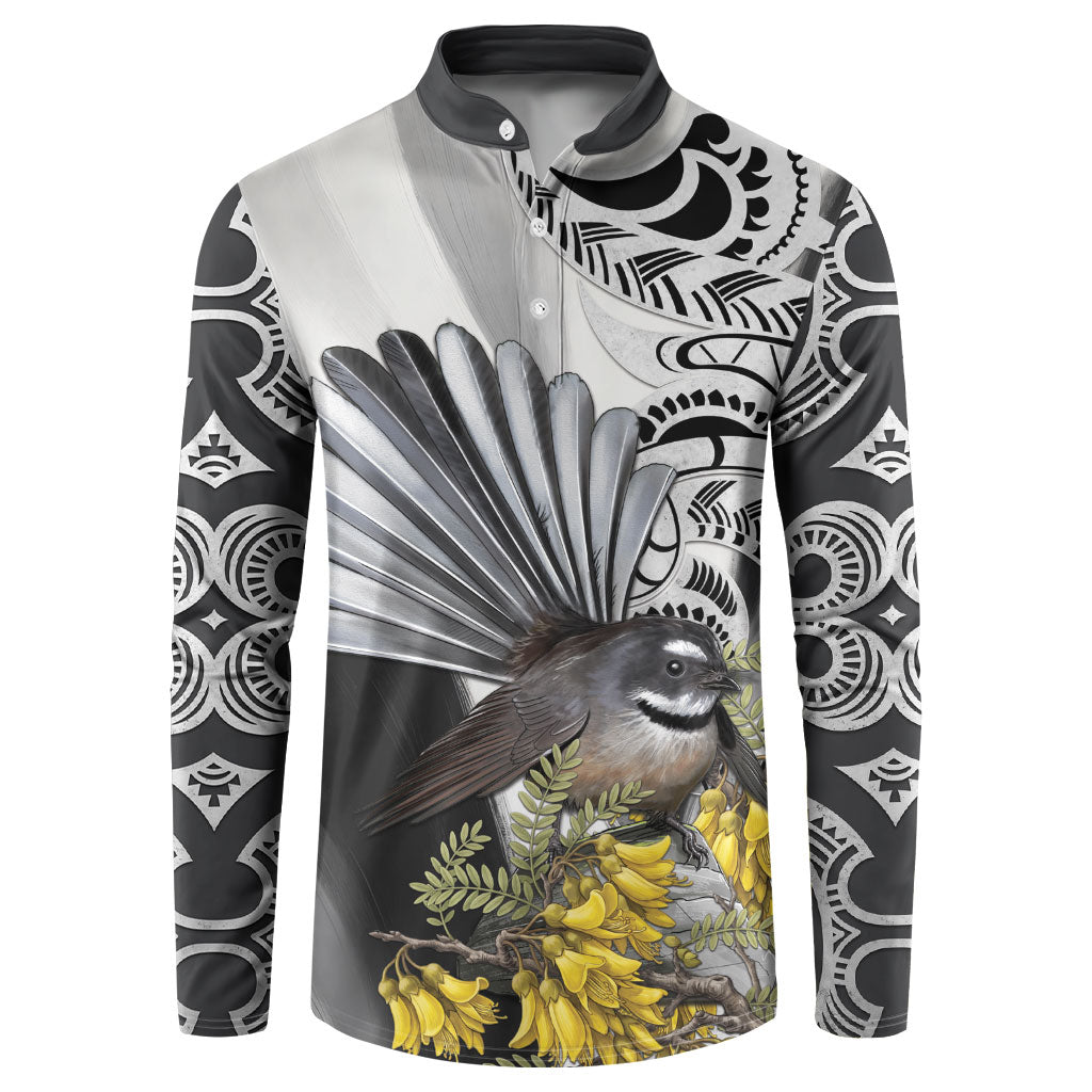 New Zealand Fantail Bird Button Sweatshirt Maori Piwakawaka Kowhai Maori Pattern