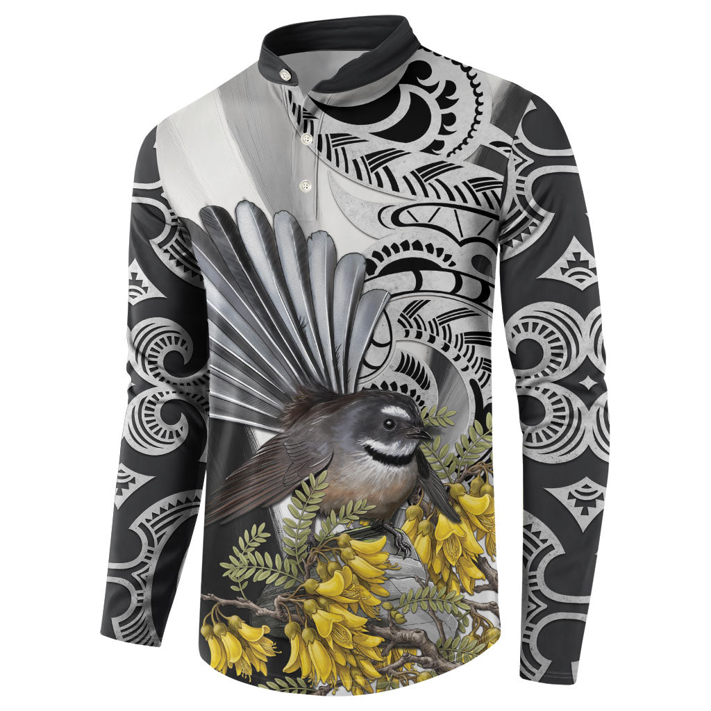 New Zealand Fantail Bird Button Sweatshirt Maori Piwakawaka Kowhai Maori Pattern