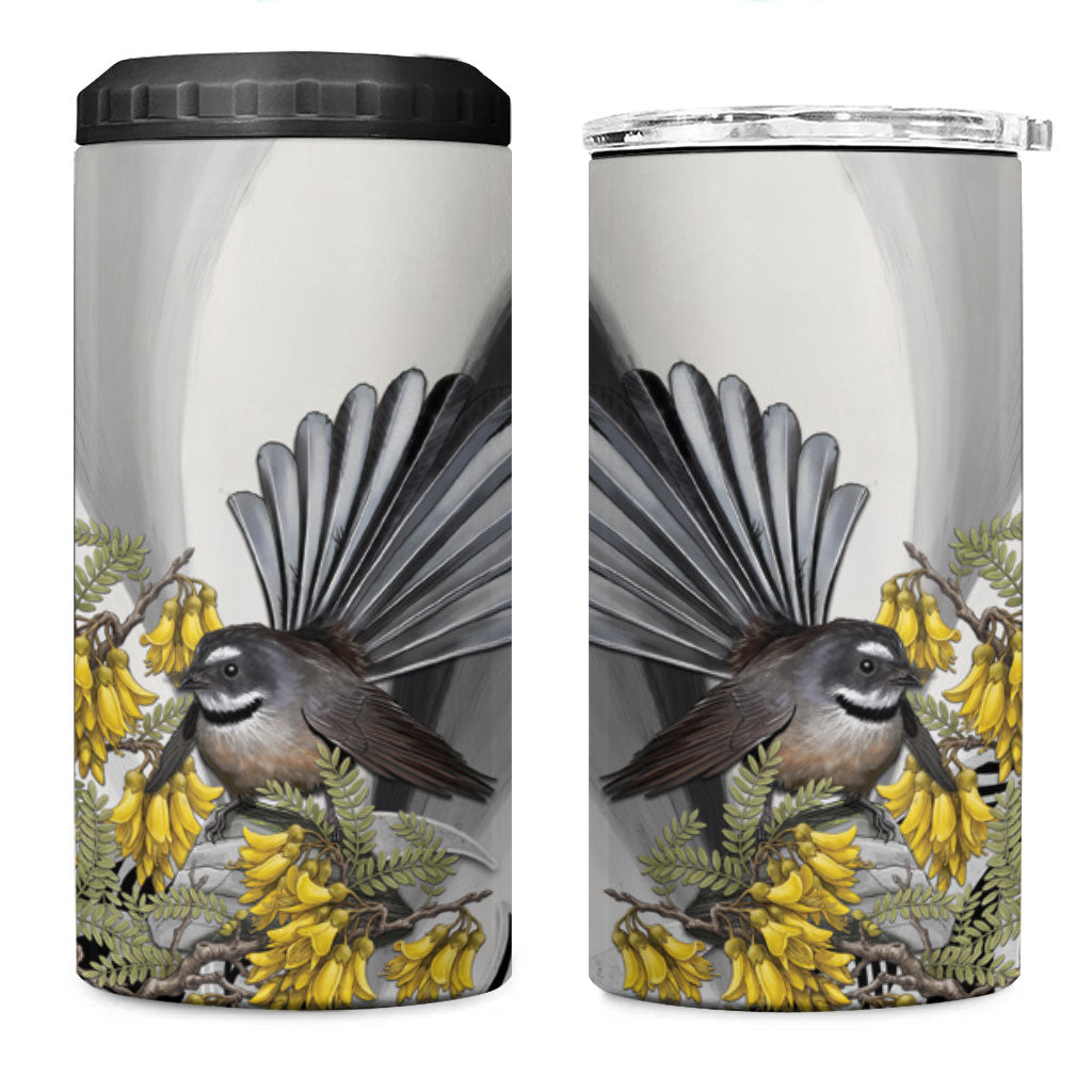 New Zealand Fantail Bird 4 in 1 Can Cooler Tumbler Maori Piwakawaka Kowhai Maori Pattern LT22 One Size: 16 oz Grey - Polynesian Pride