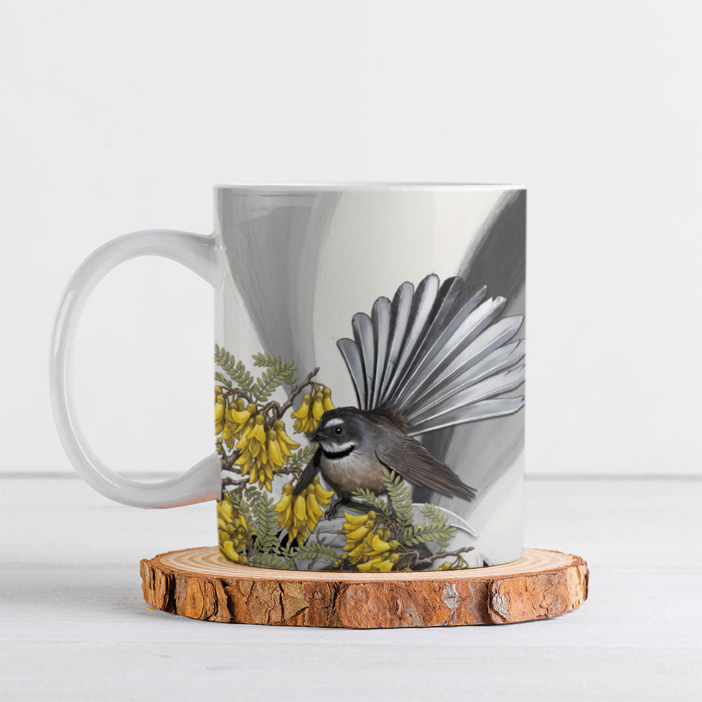 New Zealand Fantail Bird Ceramic Mug Maori Piwakawaka Kowhai Maori Pattern LT22 Grey - Polynesian Pride