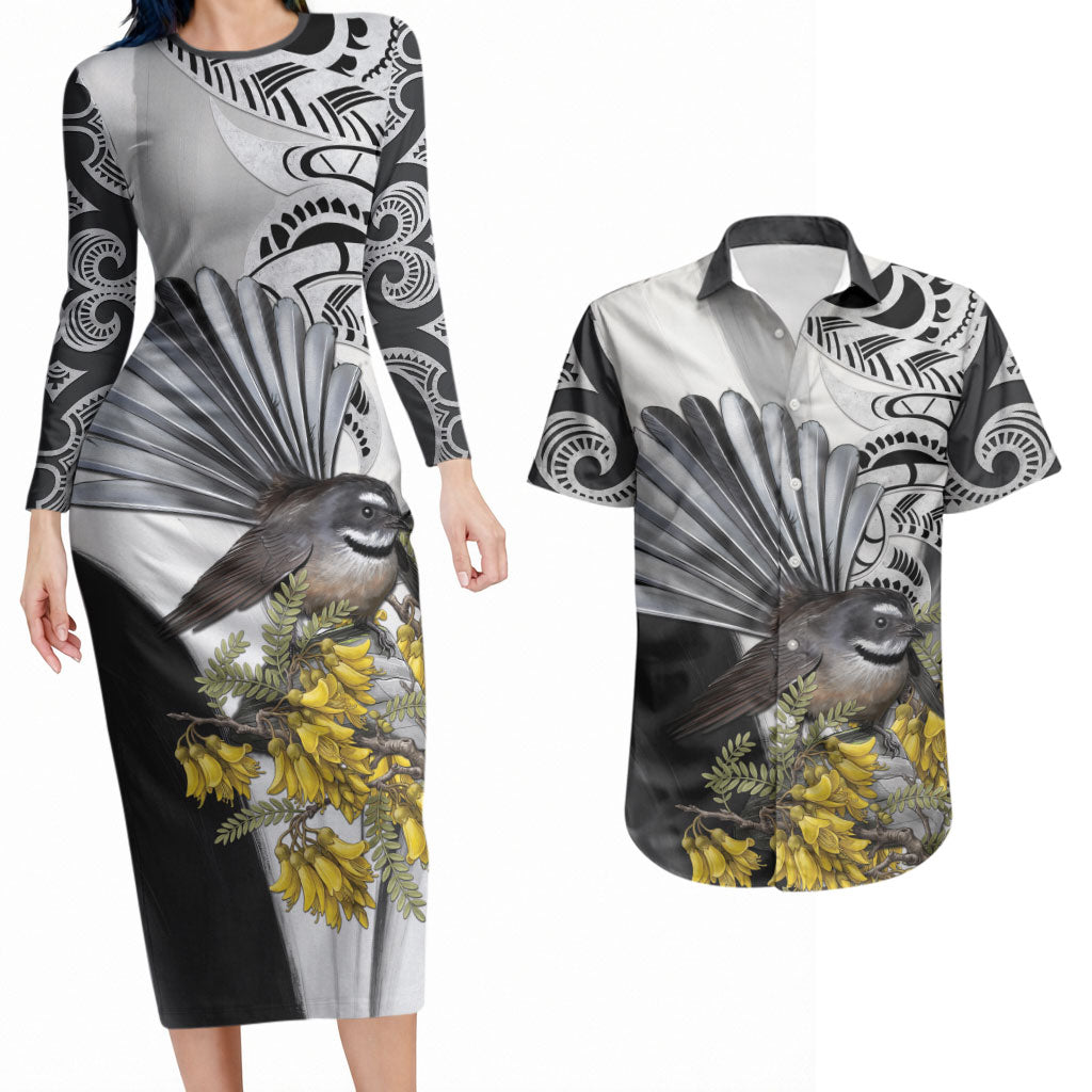New Zealand Fantail Bird Couples Matching Long Sleeve Bodycon Dress and Hawaiian Shirt Maori Piwakawaka Kowhai Maori Pattern LT22 Grey - Polynesian Pride