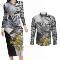 New Zealand Fantail Bird Couples Matching Long Sleeve Bodycon Dress and Long Sleeve Button Shirt Maori Piwakawaka Kowhai Maori Pattern