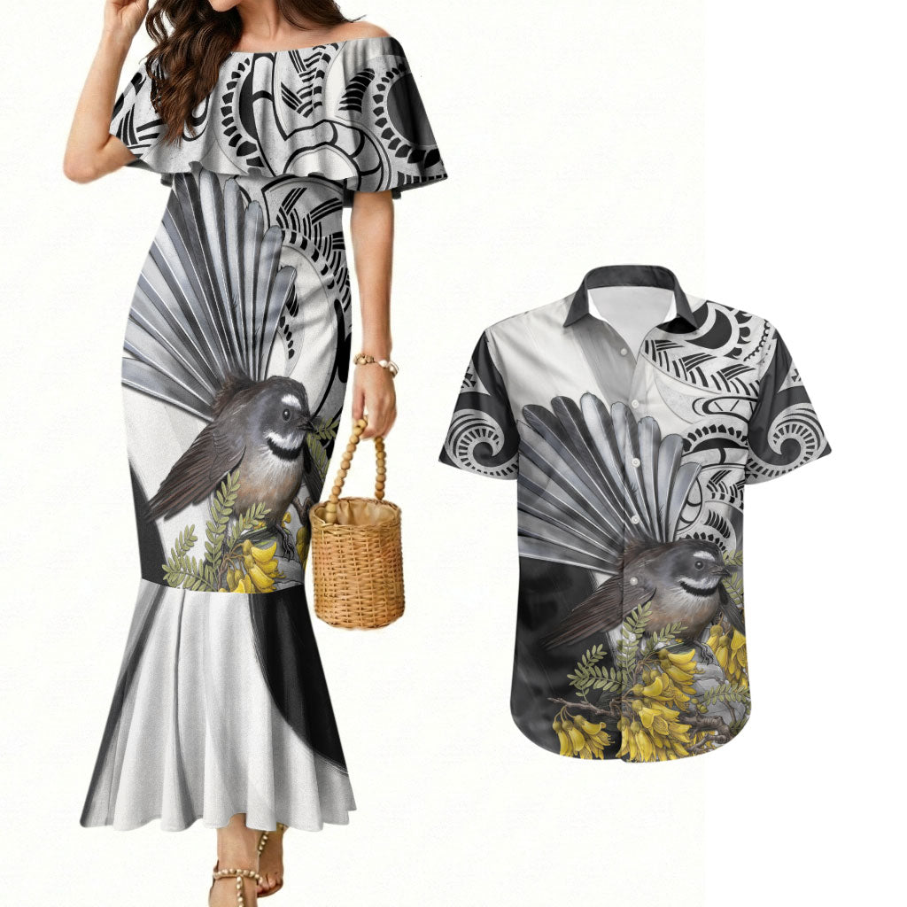 New Zealand Fantail Bird Couples Matching Mermaid Dress and Hawaiian Shirt Maori Piwakawaka Kowhai Maori Pattern