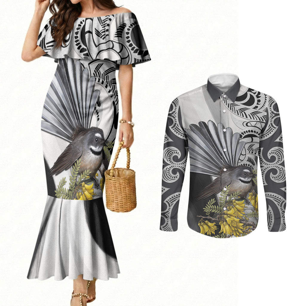 New Zealand Fantail Bird Couples Matching Mermaid Dress and Long Sleeve Button Shirt Maori Piwakawaka Kowhai Maori Pattern LT22 Grey - Polynesian Pride