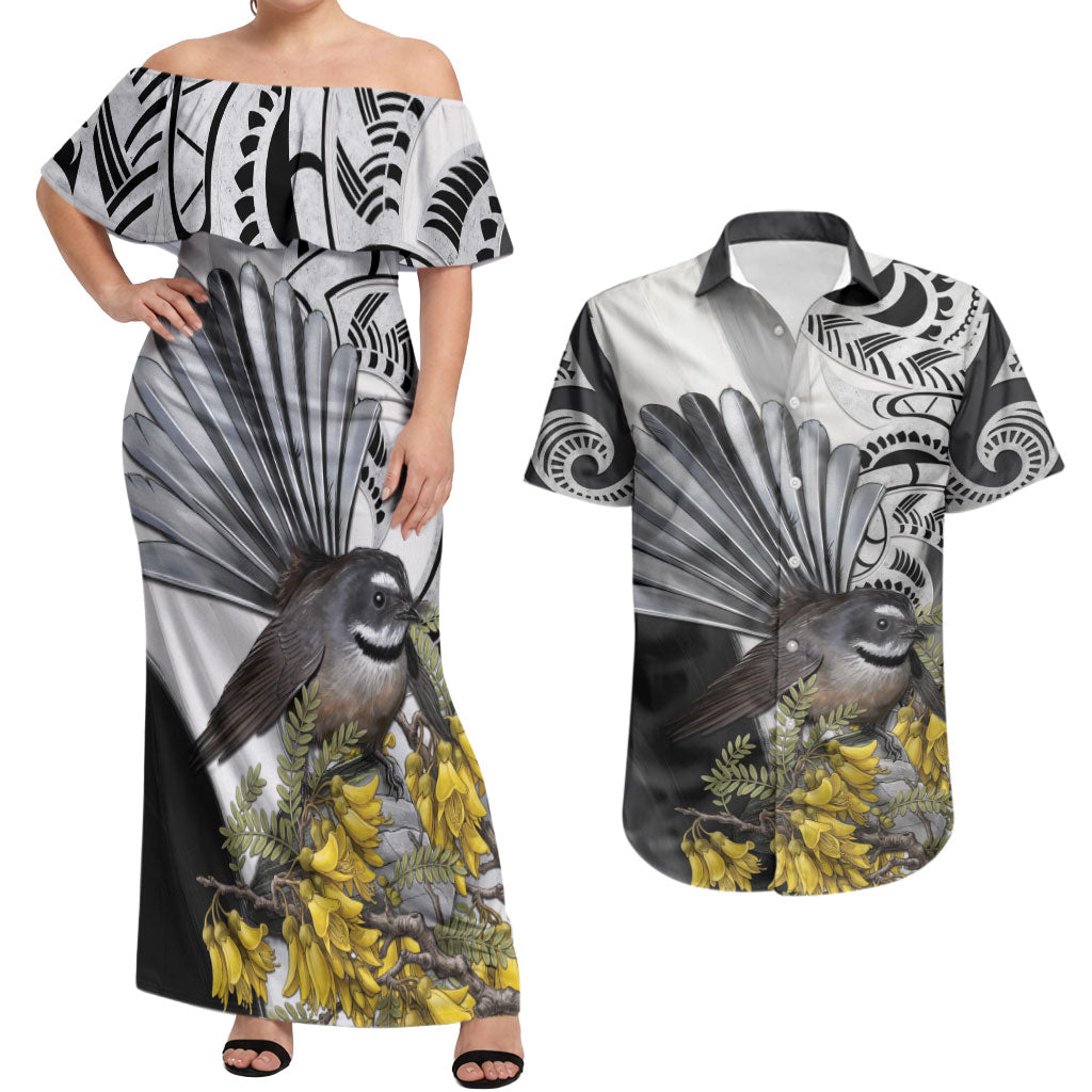 New Zealand Fantail Bird Couples Matching Off Shoulder Maxi Dress and Hawaiian Shirt Maori Piwakawaka Kowhai Maori Pattern LT22 Grey - Polynesian Pride
