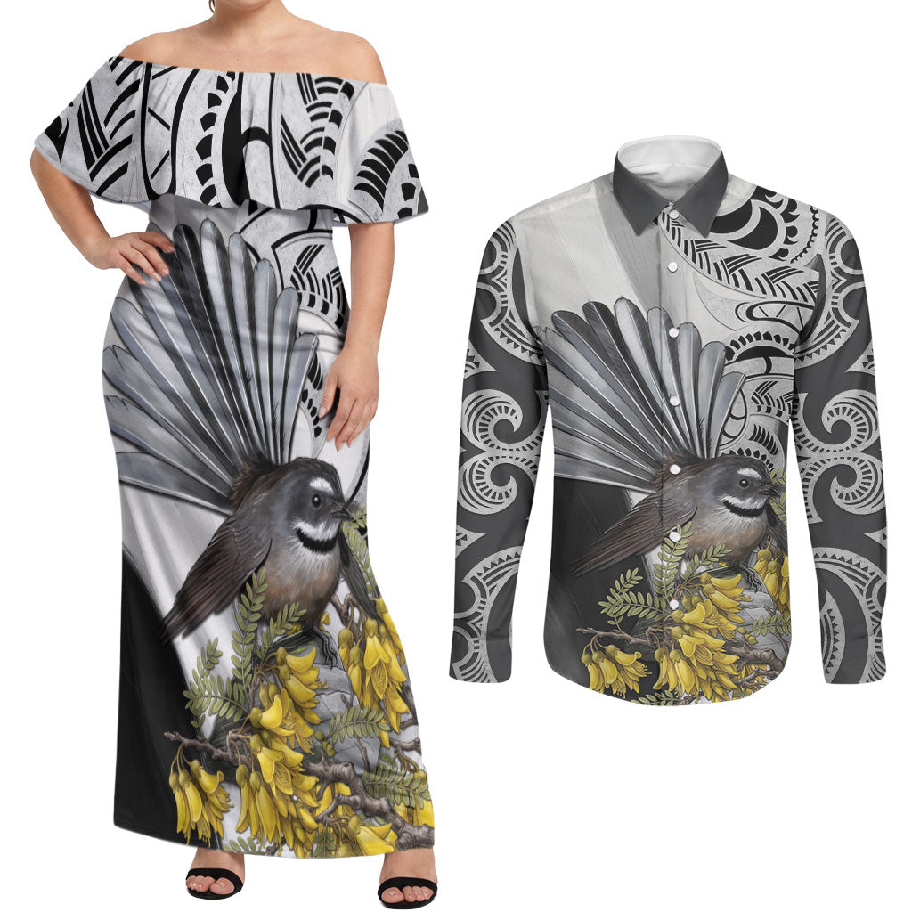 New Zealand Fantail Bird Couples Matching Off Shoulder Maxi Dress and Long Sleeve Button Shirt Maori Piwakawaka Kowhai Maori Pattern LT22 Grey - Polynesian Pride