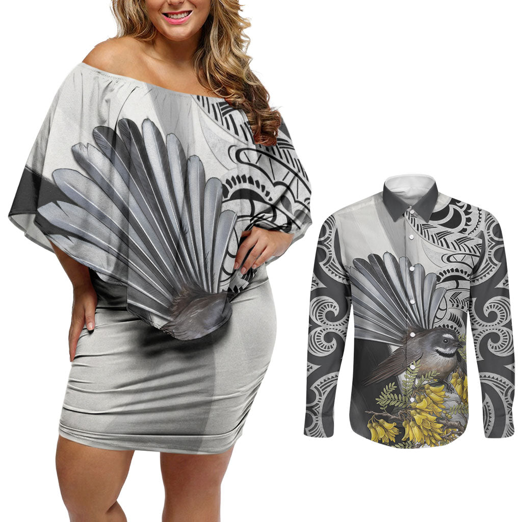 New Zealand Fantail Bird Couples Matching Off Shoulder Short Dress and Long Sleeve Button Shirt Maori Piwakawaka Kowhai Maori Pattern LT22 Grey - Polynesian Pride