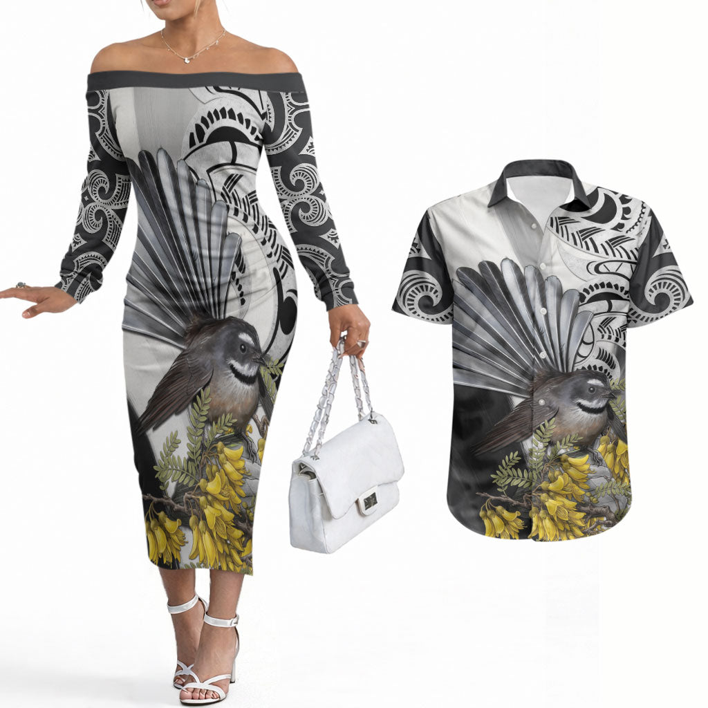 New Zealand Fantail Bird Couples Matching Off The Shoulder Long Sleeve Dress and Hawaiian Shirt Maori Piwakawaka Kowhai Maori Pattern LT22 Grey - Polynesian Pride