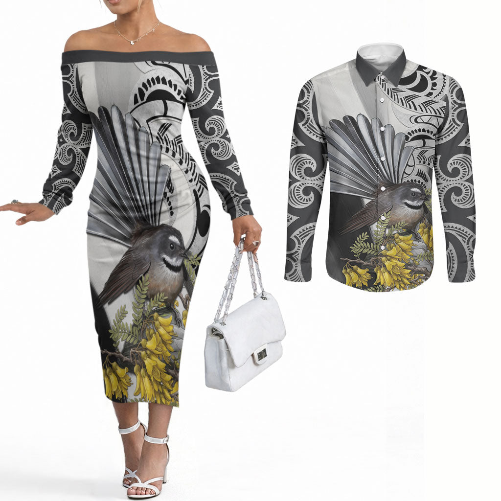 New Zealand Fantail Bird Couples Matching Off The Shoulder Long Sleeve Dress and Long Sleeve Button Shirt Maori Piwakawaka Kowhai Maori Pattern LT22 Grey - Polynesian Pride