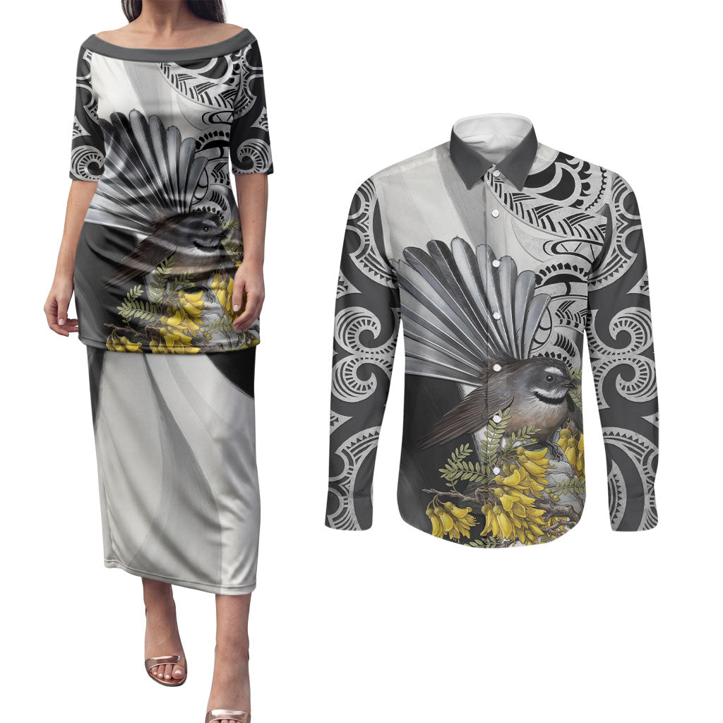 New Zealand Fantail Bird Couples Matching Puletasi and Long Sleeve Button Shirt Maori Piwakawaka Kowhai Maori Pattern LT22 Grey - Polynesian Pride