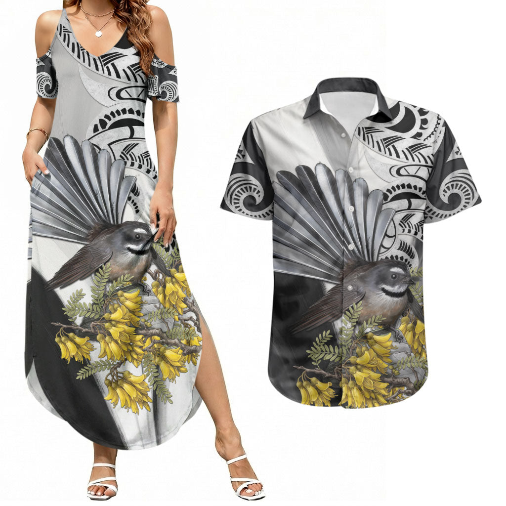 New Zealand Fantail Bird Couples Matching Summer Maxi Dress and Hawaiian Shirt Maori Piwakawaka Kowhai Maori Pattern LT22 Grey - Polynesian Pride