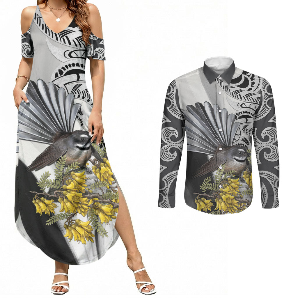 New Zealand Fantail Bird Couples Matching Summer Maxi Dress and Long Sleeve Button Shirt Maori Piwakawaka Kowhai Maori Pattern LT22 Grey - Polynesian Pride