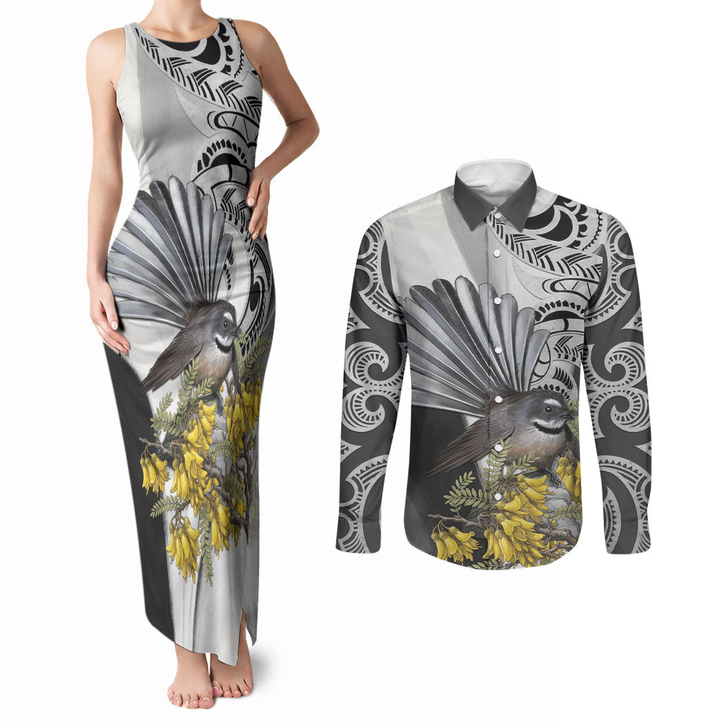 New Zealand Fantail Bird Couples Matching Tank Maxi Dress and Long Sleeve Button Shirt Maori Piwakawaka Kowhai Maori Pattern LT22 Grey - Polynesian Pride