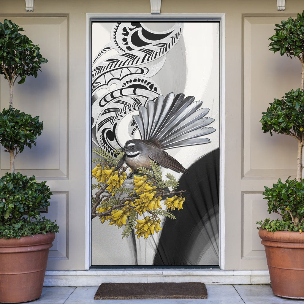 New Zealand Fantail Bird Door Cover Maori Piwakawaka Kowhai Maori Pattern LT22 Grey - Polynesian Pride