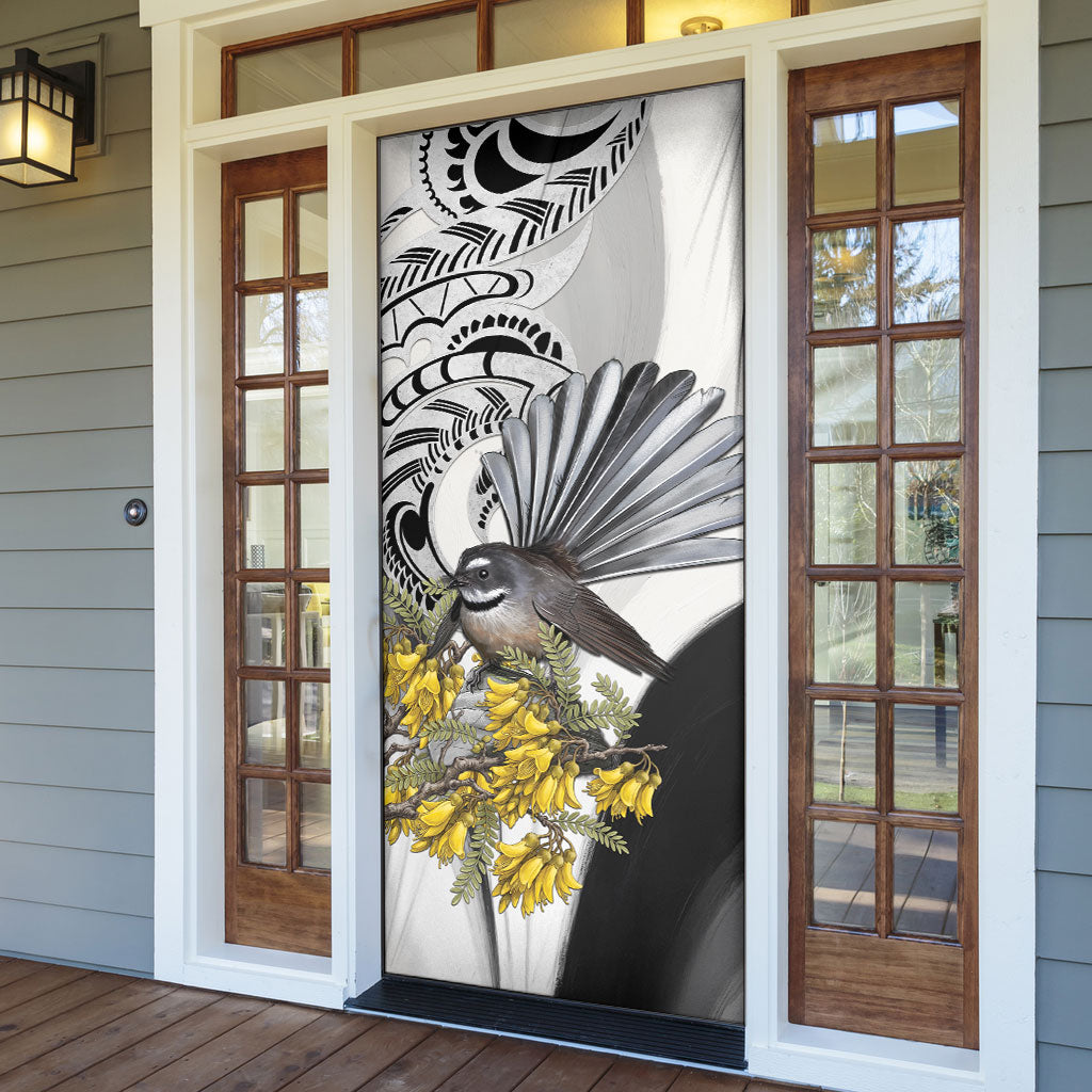 New Zealand Fantail Bird Door Cover Maori Piwakawaka Kowhai Maori Pattern